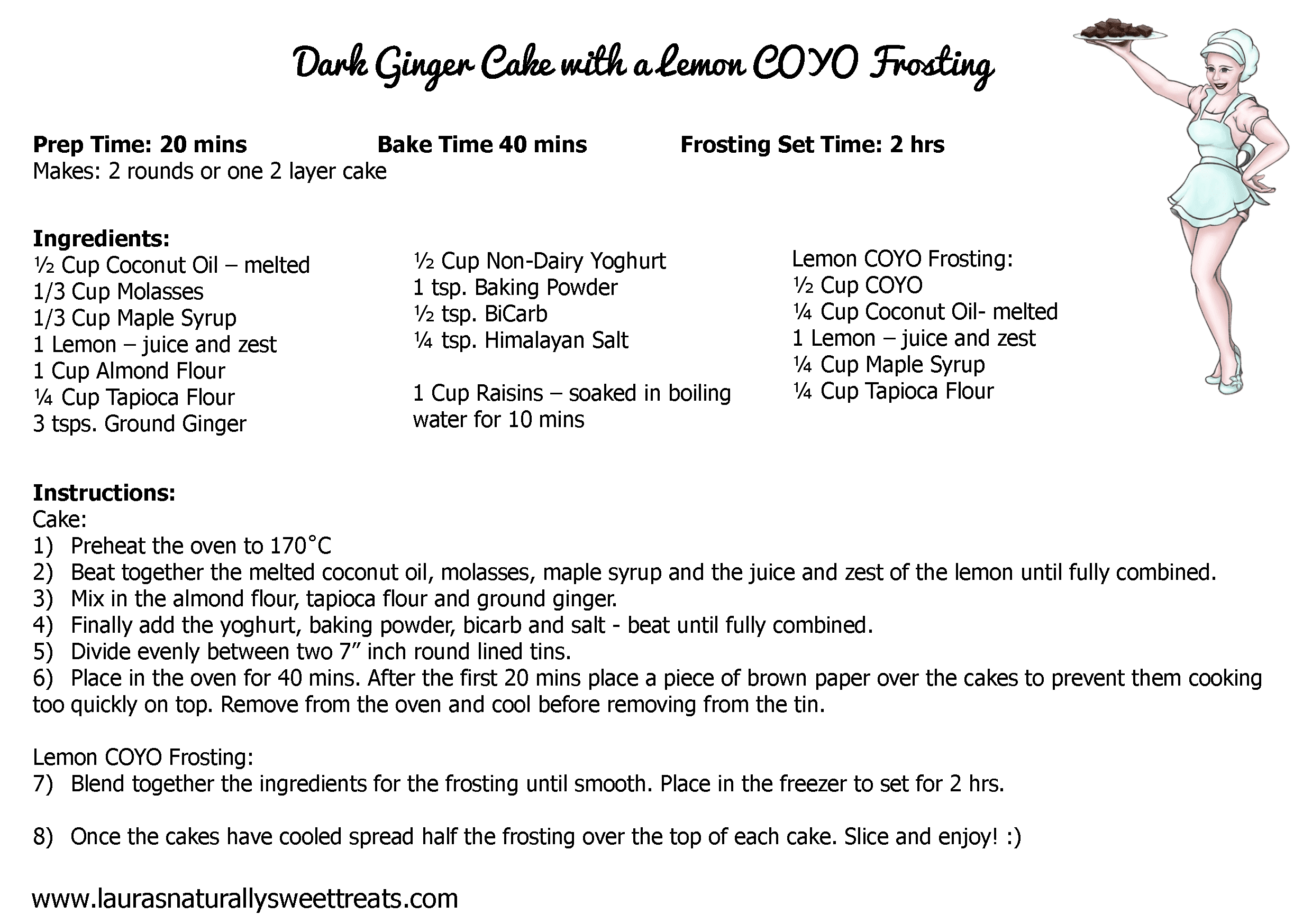 dark ginger cake with a lemon coyo frosting recipe card
